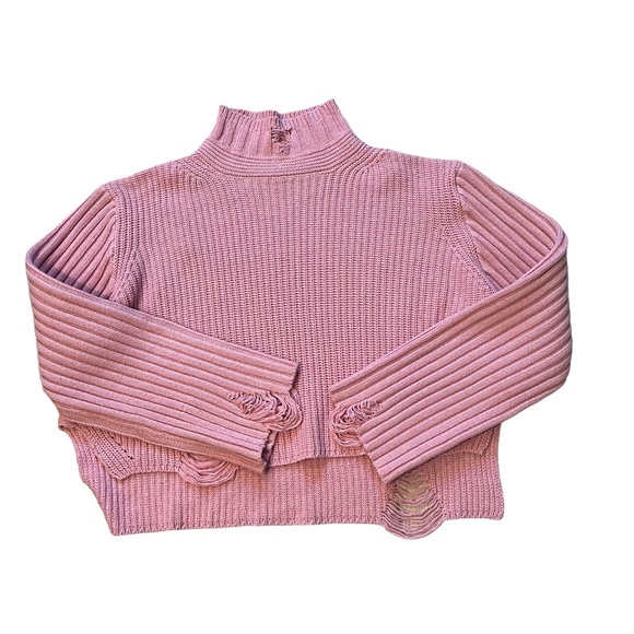 POL Chunky Mock Turtleneck Wide Sleeve Cropped Hi-Low Hem Distressed Sweater - Picture 10 of 16